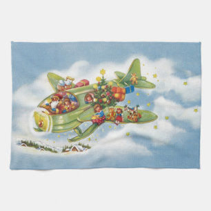 Vintage Christmas, Santa Claus Flying an Aeroplane Tea Towel