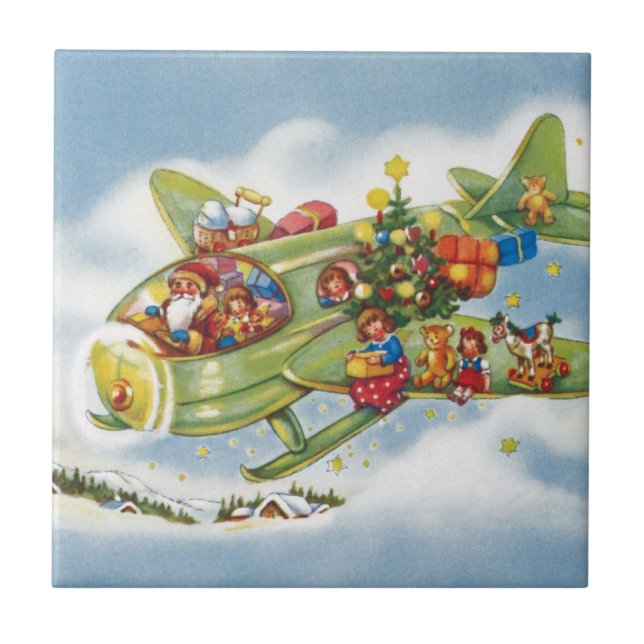 Vintage Christmas, Santa Claus Flying an Aeroplane Tile (Front)