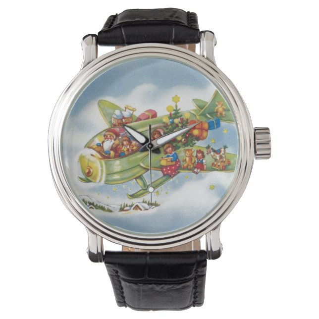 Vintage Christmas, Santa Claus Flying an Aeroplane Watch (Front)