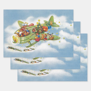 Vintage Christmas, Santa Claus Flying an Aeroplane Wrapping Paper Sheet