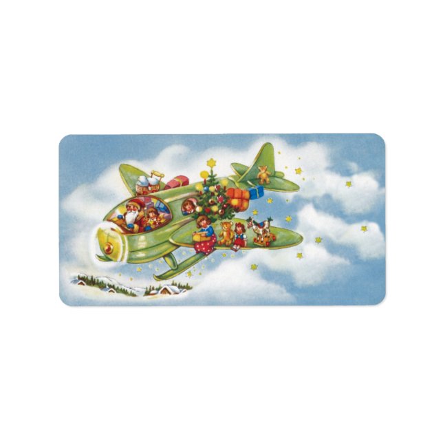Vintage Christmas, Santa Claus Flying an Airplane Label (Front)