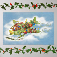 Vintage Christmas, Santa Claus Flying an Airplane