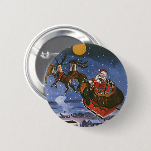 Vintage Christmas Santa Claus Flying His Sleigh 6 Cm Round Badge