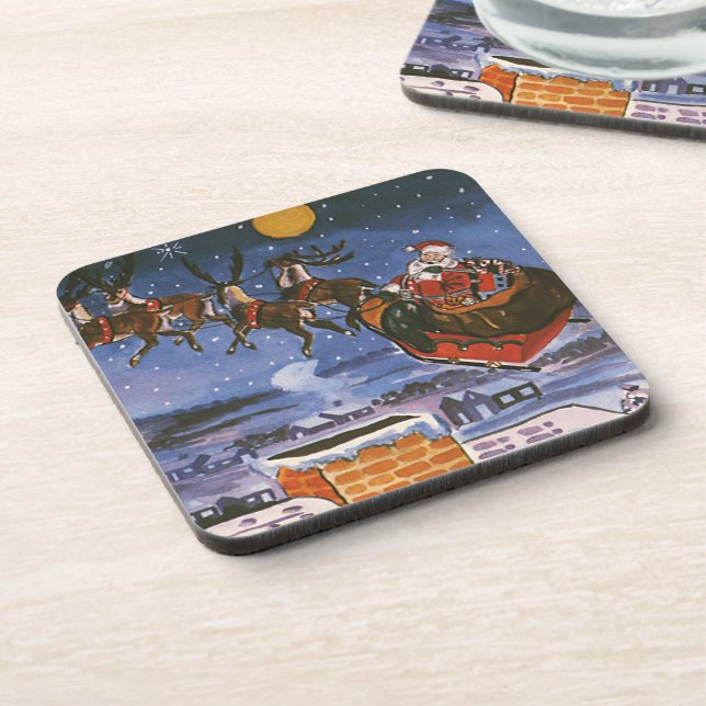 Vintage Christmas Santa Claus Flying His Sleigh Coaster (Left Side)