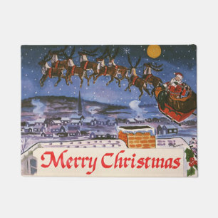 Vintage Christmas Santa Claus Flying His Sleigh Doormat
