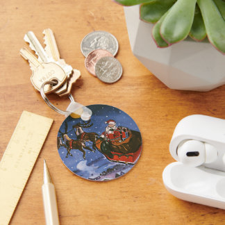 Vintage Christmas Santa Claus Flying His Sleigh Key Ring