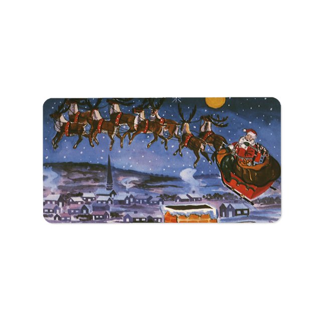 Vintage Christmas Santa Claus Flying His Sleigh Label (Front)