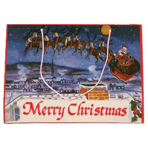 Vintage Christmas Santa Claus Flying His Sleigh Large Gift Bag
