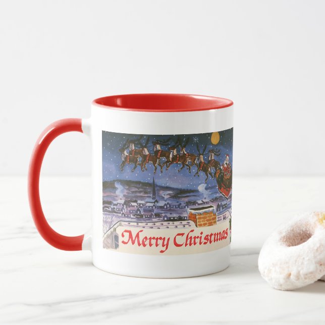 Vintage Christmas Santa Claus Flying His Sleigh Mug (With Donut)
