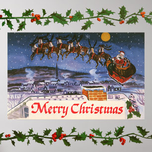 Vintage Christmas Santa Claus Flying His Sleigh Poster