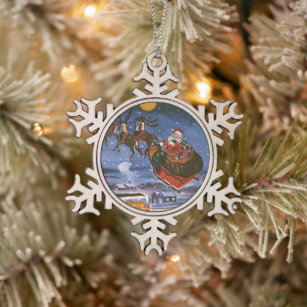 Vintage Christmas Santa Claus Flying His Sleigh Snowflake Pewter Christmas Ornament