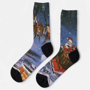 Vintage Christmas Santa Claus Flying His Sleigh Socks