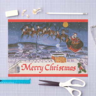 Vintage Christmas Santa Claus Flying His Sleigh Tissue Paper
