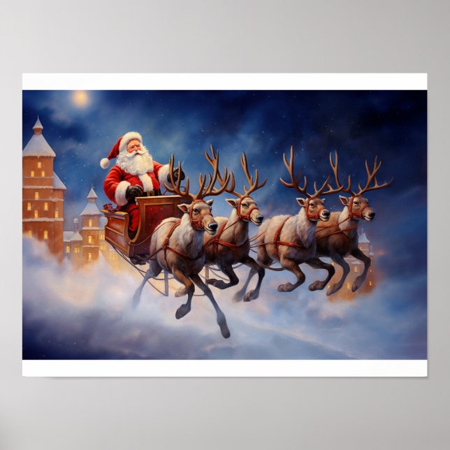 Vintage Christmas Santa Claus Flying in Sleigh Poster (Front)