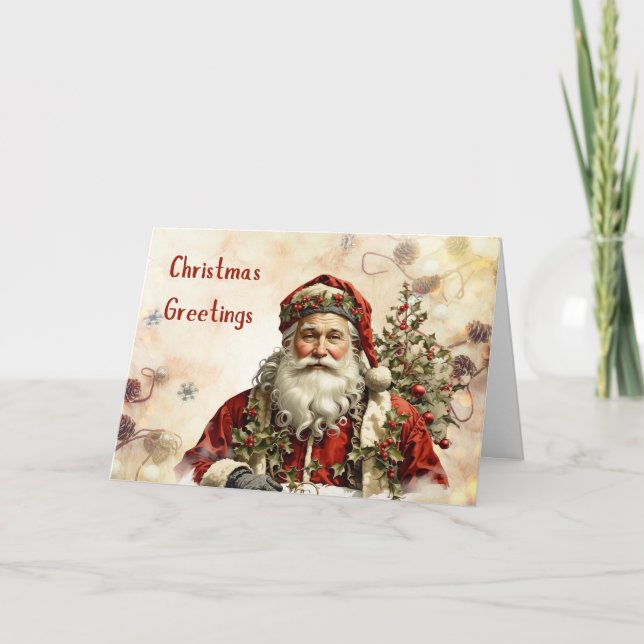 Vintage Christmas Santa Claus, Holly Berry  Holiday Card (Front)