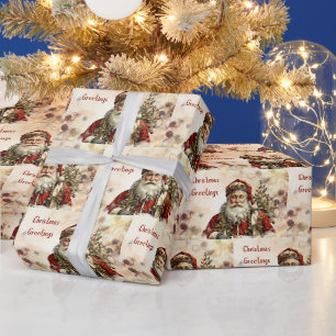 Vintage Christmas Santa Claus, Holly Berry Wrapping Paper