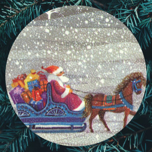 Vintage Christmas, Santa Claus Horse Open Sleigh Classic Round Sticker