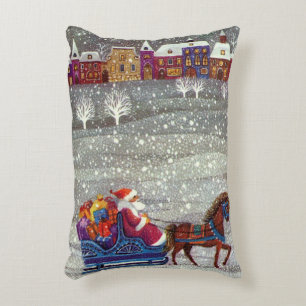 Vintage Christmas, Santa Claus Horse Open Sleigh Decorative Cushion