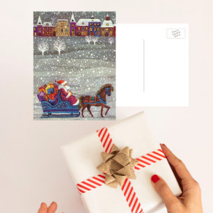 Vintage Christmas, Santa Claus Horse Open Sleigh Holiday Postcard
