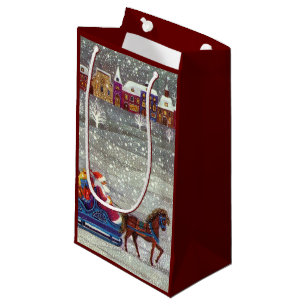 Vintage Christmas, Santa Claus Horse Open Sleigh Small Gift Bag