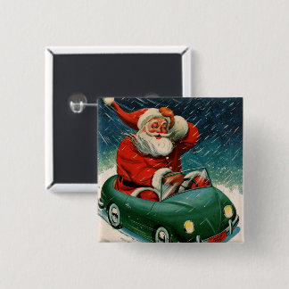 Vintage Christmas, Santa Claus in a Cute Car 15 Cm Square Badge