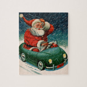 Vintage Christmas, Santa Claus in a Cute Car Jigsaw Puzzle