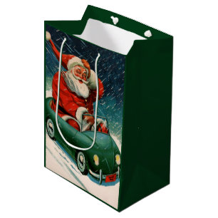 Vintage Christmas, Santa Claus in a Cute Car Medium Gift Bag