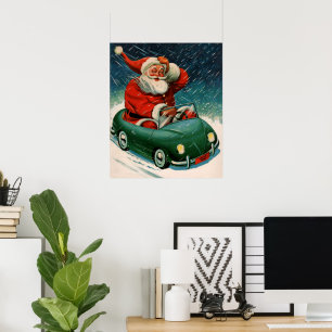 Vintage Christmas, Santa Claus in a Cute Car Poster