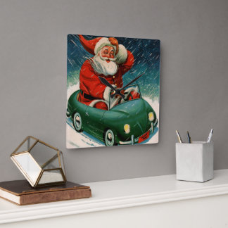 Vintage Christmas, Santa Claus in a Cute Car Square Wall Clock