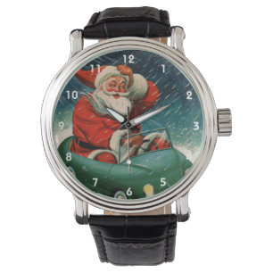 Vintage Christmas, Santa Claus in a Cute Car Watch