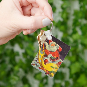Vintage Christmas, Santa Claus in a Spaceship Key Ring