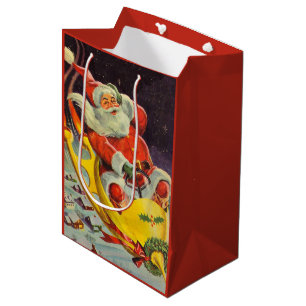 Vintage Christmas, Santa Claus in a Spaceship Medium Gift Bag