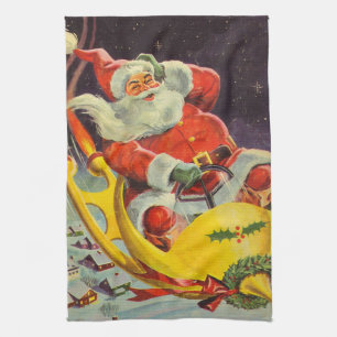 Vintage Christmas, Santa Claus in a Spaceship Tea Towel