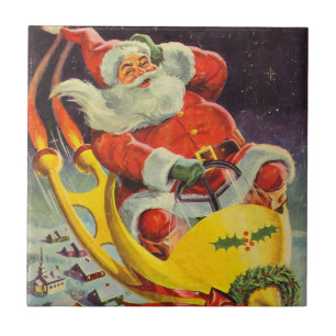 Vintage Christmas, Santa Claus in a Spaceship Tile