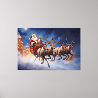  Vintage Christmas Santa Claus in Sleigh Flying Canvas Print