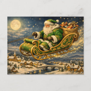 Vintage Christmas Santa Claus in Sleigh with Gifts Holiday Postcard