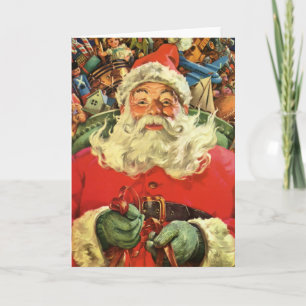 Vintage Christmas, Santa Claus in Sleigh with Toys Holiday Card