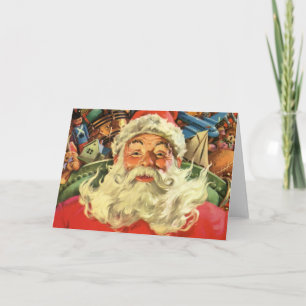 Vintage Christmas, Santa Claus in Sleigh with Toys Holiday Card