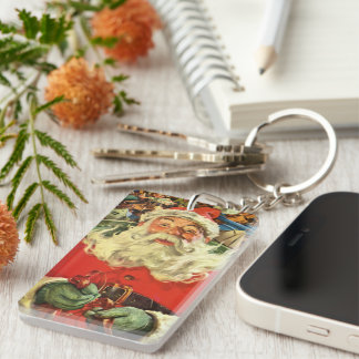 Vintage Christmas Santa Claus in Sleigh with Toys Key Ring