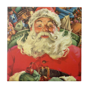 Vintage Christmas, Santa Claus in Sleigh with Toys Tile