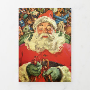 Vintage Christmas, Santa Claus in Sleigh with Toys Tri-Fold Holiday Card