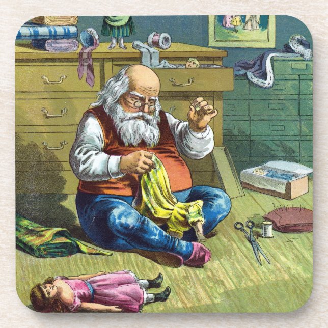 Vintage Christmas, Santa Claus Making Toy Dolls Coaster (Front)