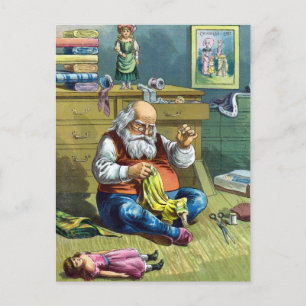 Vintage Christmas, Santa Claus Making Toy Dolls Holiday Postcard