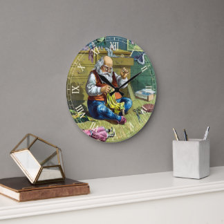Vintage Christmas, Santa Claus Making Toy Dolls Large Clock