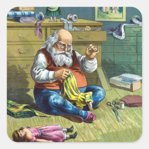 Vintage Christmas, Santa Claus Making Toy Dolls Square Sticker