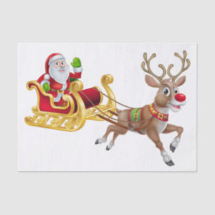Vintage Christmas Santa Claus On Sleigh Reindeer Tissue Paper