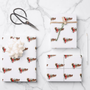 Vintage Christmas Santa Claus reindeer sleigh Wrapping Paper Sheet