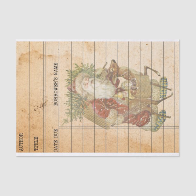 Vintage Christmas Santa Claus ReindeerLibrary Card Tissue Paper (Front)