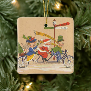 Vintage Christmas, Santa Claus Riding a Bicycle Ceramic Ornament