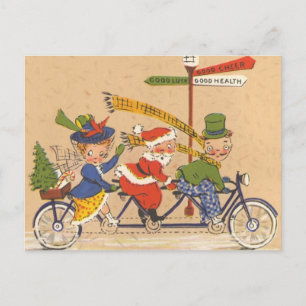 Vintage Christmas, Santa Claus Riding a Bicycle Holiday Postcard